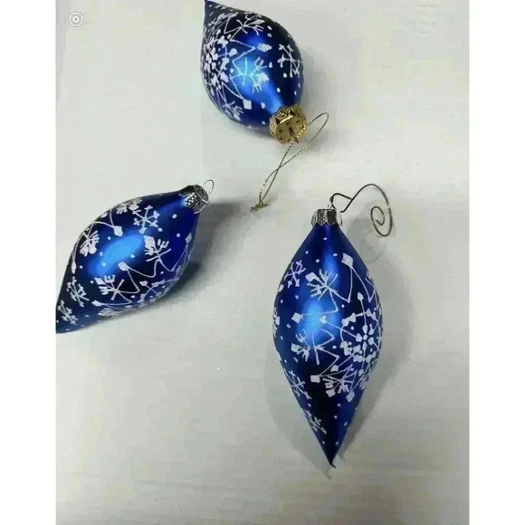 Set of 3 Vintage Elegant Blue And White Sparkly Christmas Tree Ornaments Snow - Picture 3 of 9